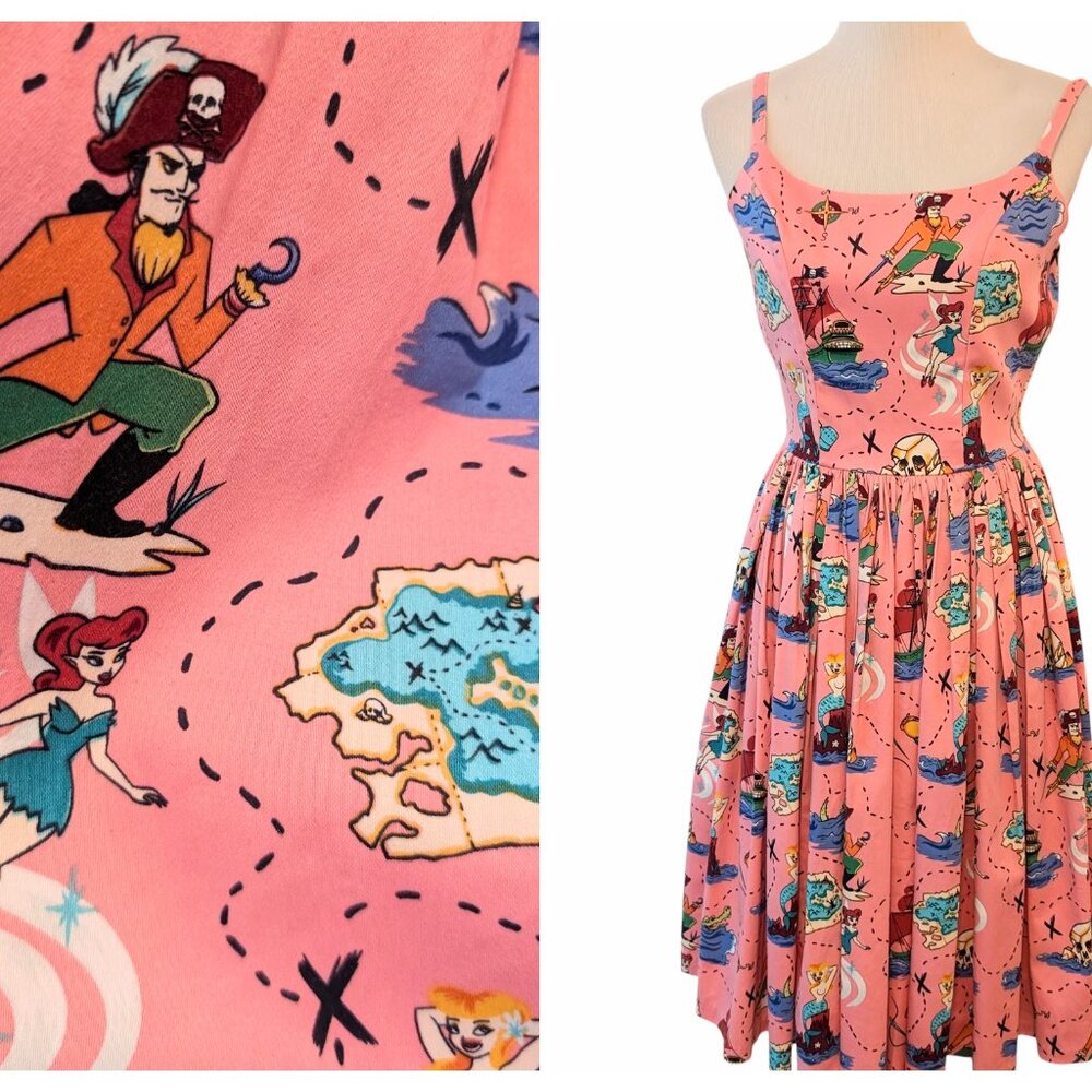 Pinup Couture Womens Size S Pink Neverland Print Retro Fit Flare Jenny Dress
